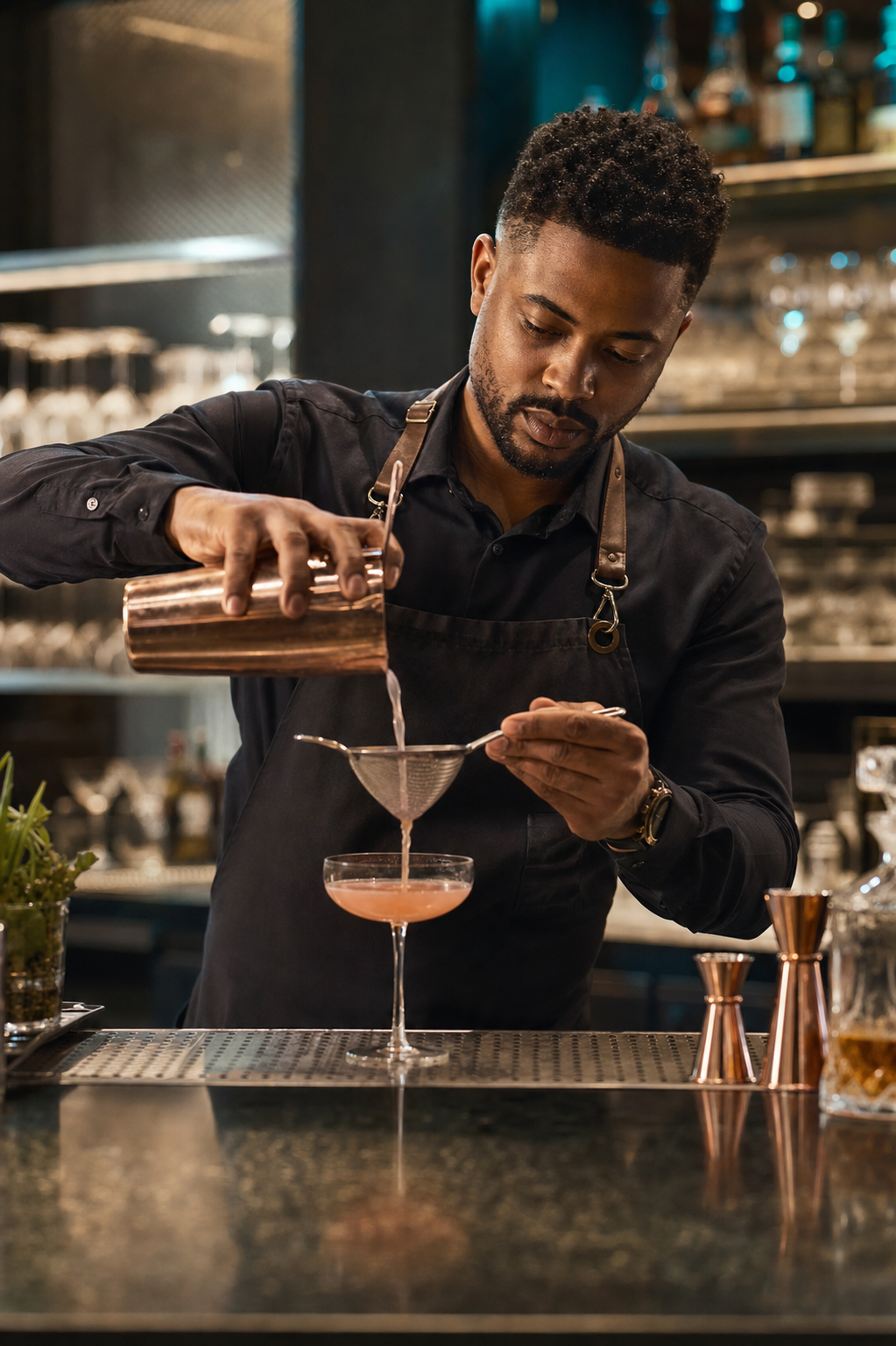 Bartender preparing a cocktail behind a bar