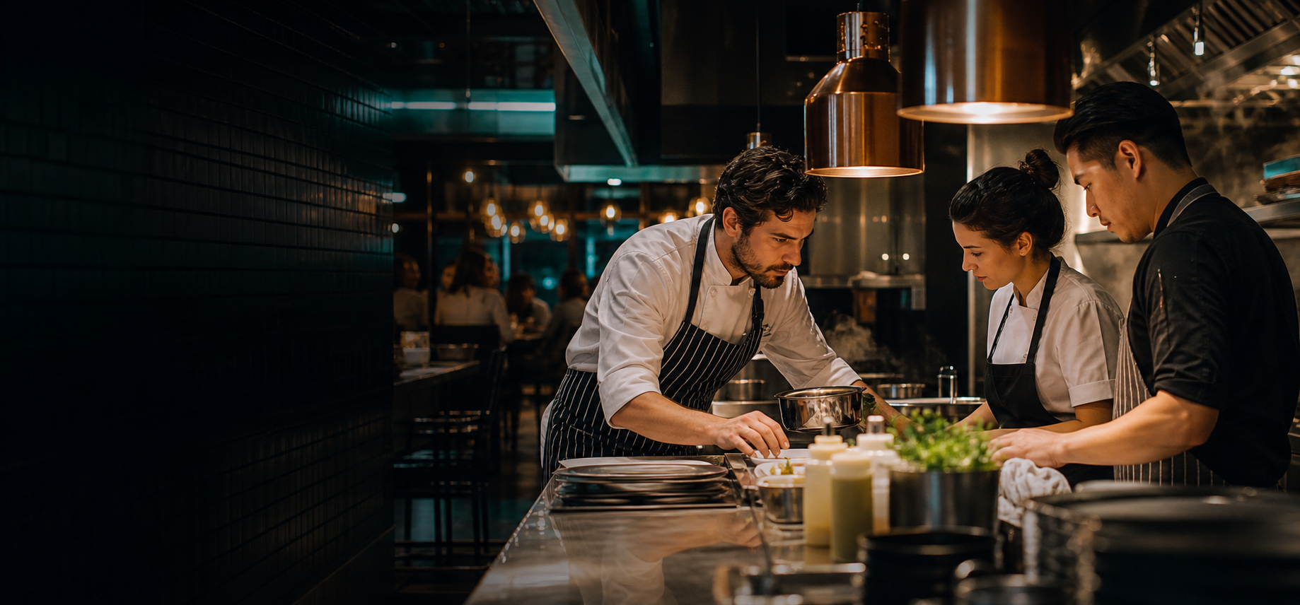 Team of chefs collaborating in a professional kitchen