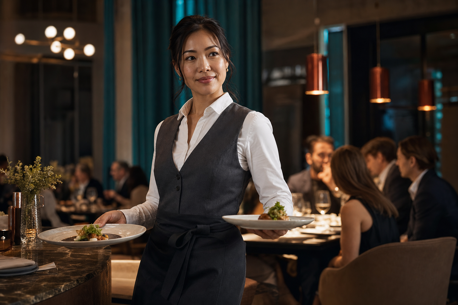 Restaurant server carrying plates in an upscale dining room